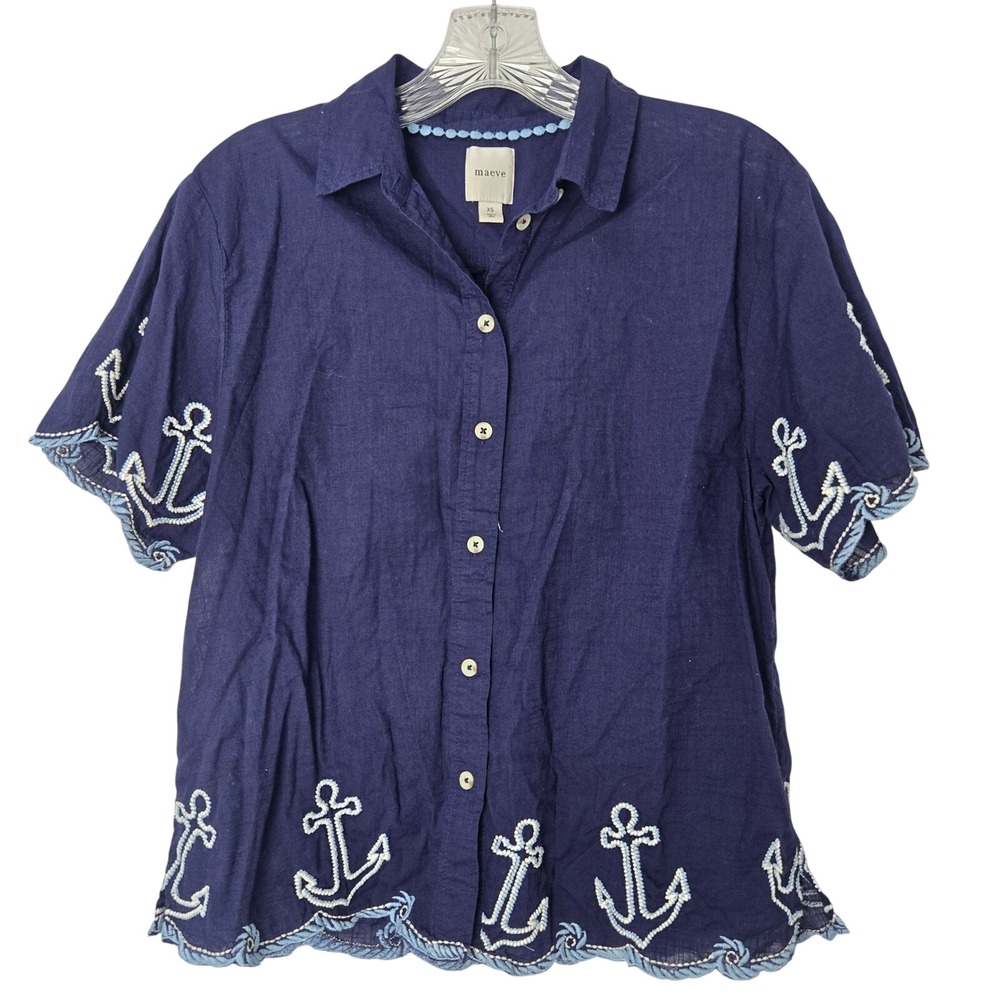 Maeve Navy Blue Embroidered Anchor Short Sleeve Button Down Shirt Top Women's XS